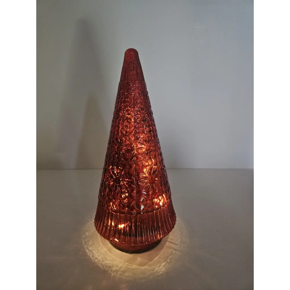 Red Mercury Glass Lighted Christmas Tree Tabletop Decor Cone Figurine Glowing